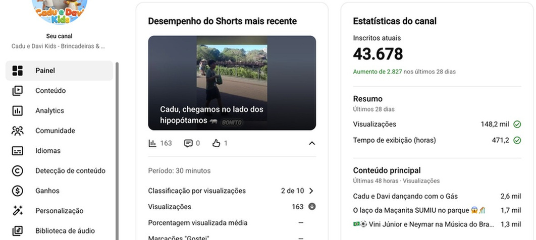 Painel YouTube Cadu e Davi Kids